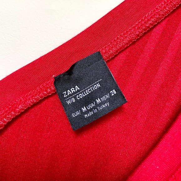 ZARA Red V-Neck Ribbed T-Shirt Long Sleeves - Picture 8 of 9